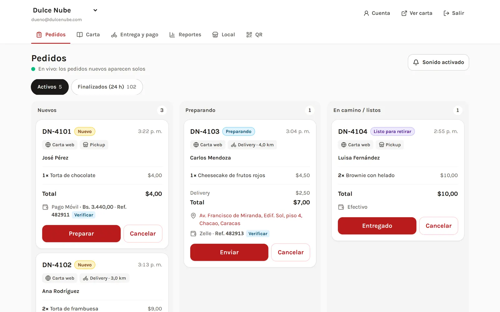 Panel de pedidos de La Menucería